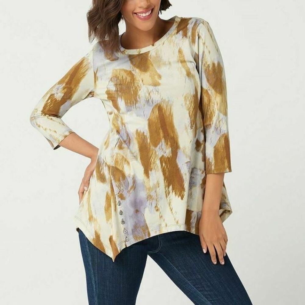 LOGO Lori Goldstein Plus Women's Yellow Tie-Dye Pocket Shirt Top Blouse 1X